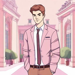 A mean girl character named Justin, holding a phone and dressed in a stylish, preppy outfit