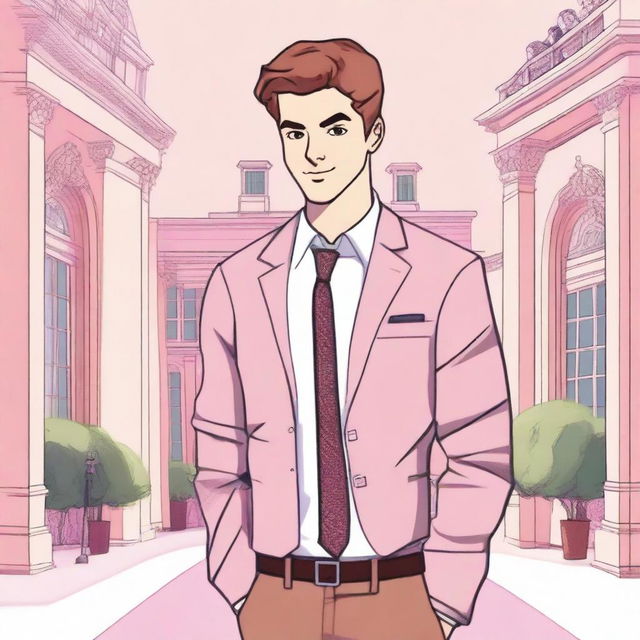 A mean girl character named Justin, holding a phone and dressed in a stylish, preppy outfit