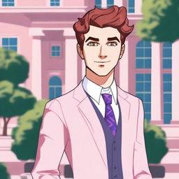 A mean girl character named Justin, holding a phone and dressed in a stylish, preppy outfit