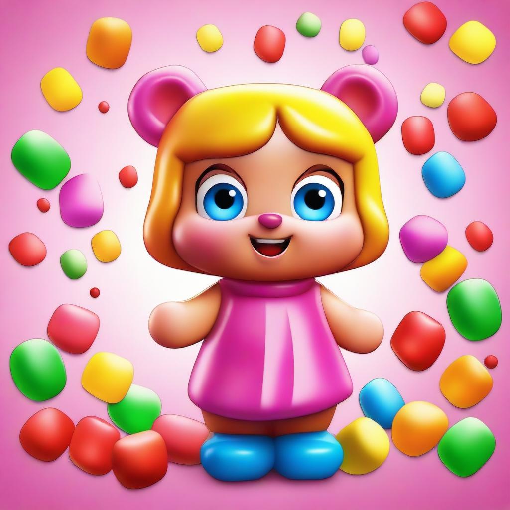 Create a vibrant and playful image of a gummy bear girl character named Suzie