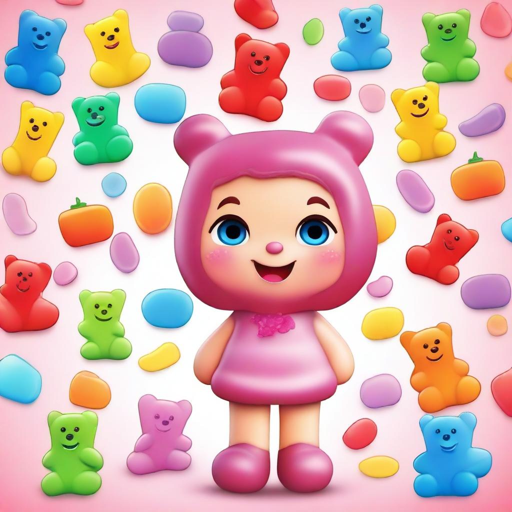 Create a vibrant and playful image of a gummy bear girl character named Suzie