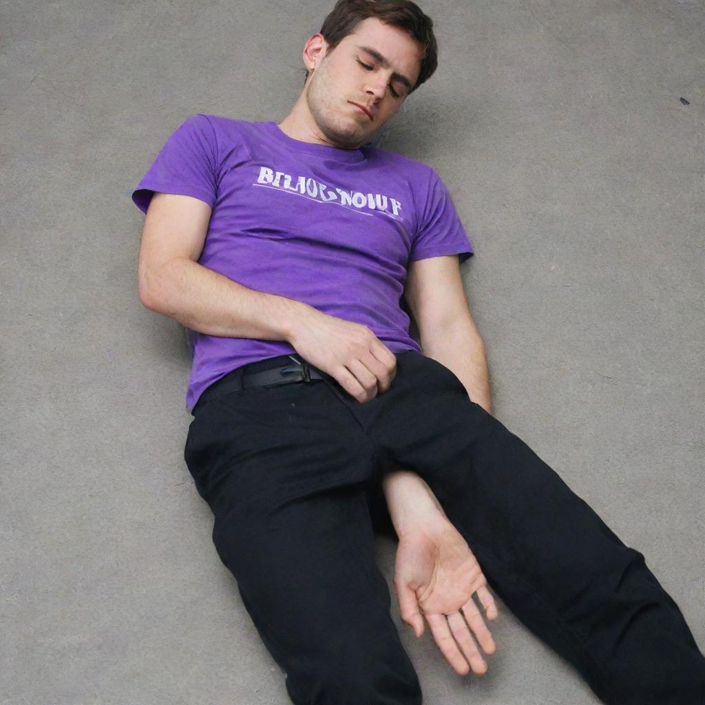 A detailed image of a 25-year-old male in a purple T-shirt and black pants, unconscious on the ground, with five fingers visible on each hand and an ampoule clutched in one hand.