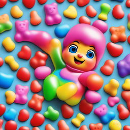 Create a vibrant and playful image of a gummy bear girl character named Suzie