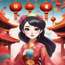 Create an image of a royal agent girl character named Luca, celebrating Lunar New Year