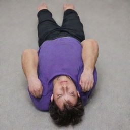 A detailed image of a 25-year-old male in a purple T-shirt and black pants, unconscious on the ground, with five fingers visible on each hand and an ampoule clutched in one hand.