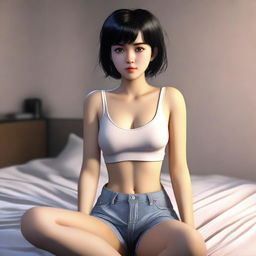 A realistic image of a cute girl with short black hair and brown eyes