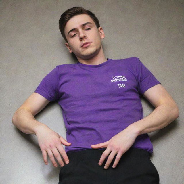 A detailed image of a 25-year-old male in a purple T-shirt and black pants, unconscious on the ground, with five fingers visible on each hand and an ampoule clutched in one hand.