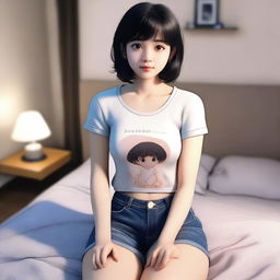 A realistic image of a cute girl with short black hair and brown eyes