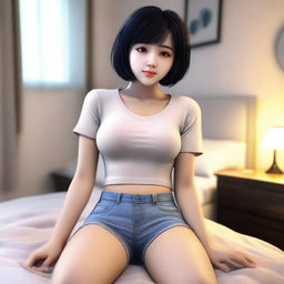 A realistic image of a cute girl with short black hair and brown eyes