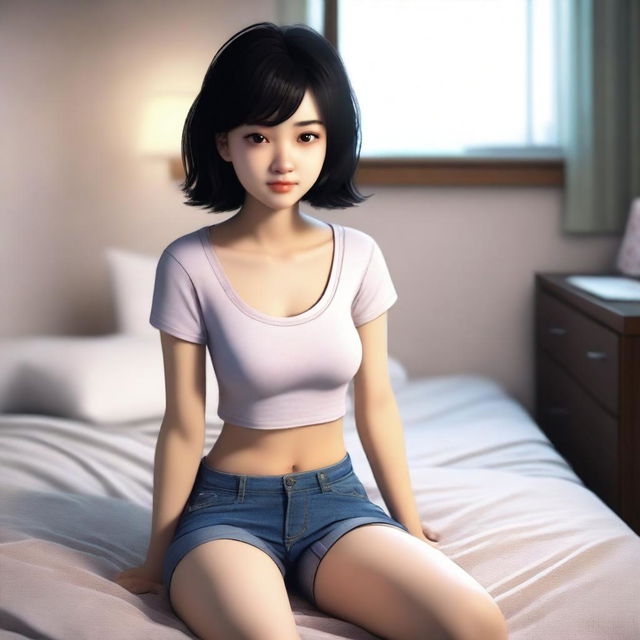 A realistic image of a cute girl with short black hair and brown eyes