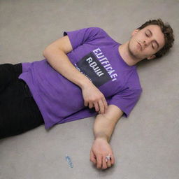 A detailed image of a 25-year-old male in a purple T-shirt and black pants, unconscious on the ground, with five fingers visible on each hand and an ampoule clutched in one hand.