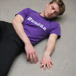 A detailed image of a 25-year-old male in a purple T-shirt and black pants, unconscious on the ground, with five fingers visible on each hand and an ampoule clutched in one hand.