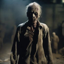 A zombie with pale, withered skin, wearing tattered clothing covered in dust and dirt