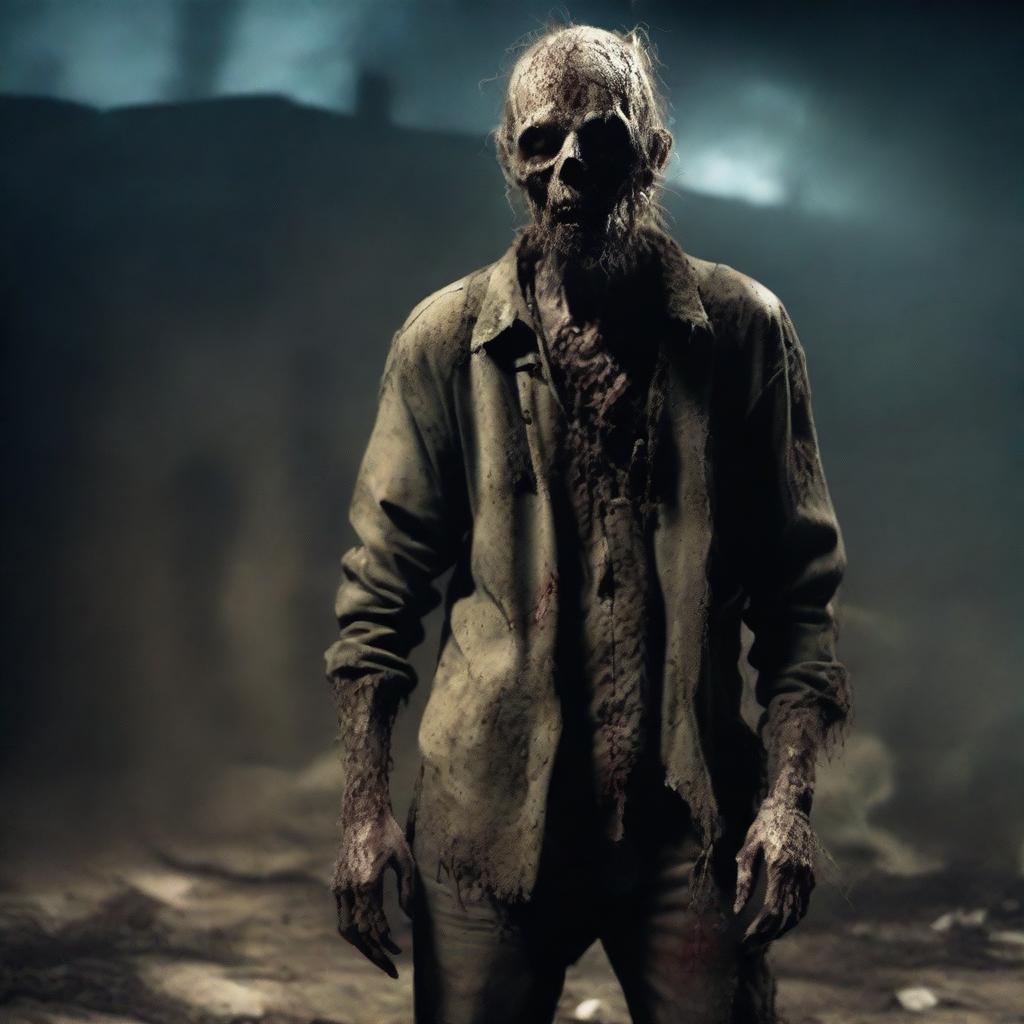 A zombie with pale, withered skin, wearing tattered clothing covered in dust and dirt