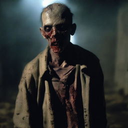 A zombie with pale, withered skin, wearing tattered clothing covered in dust and dirt