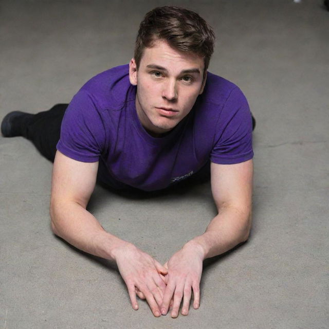 A detailed image of a 25-year-old male in a purple T-shirt and black pants, unconscious on the ground, with five fingers visible on each hand and an ampoule clutched in one hand.