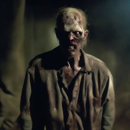 A zombie with pale, withered skin, wearing tattered clothing covered in dust and dirt