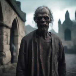 A medieval zombie with pale, withered skin, wearing tattered clothing typical of the Middle Ages, covered in dust and dirt