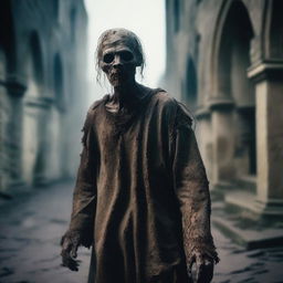 A medieval zombie with pale, withered skin, wearing tattered clothing typical of the Middle Ages, covered in dust and dirt