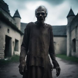 A medieval zombie with pale, withered skin, wearing tattered clothing typical of the Middle Ages, covered in dust and dirt