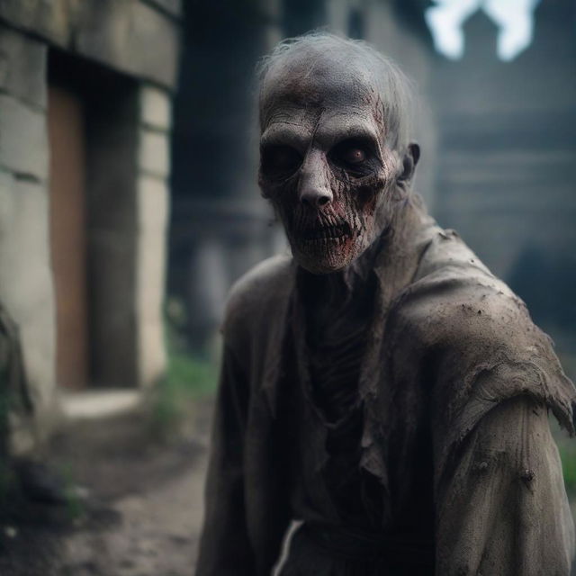 A medieval zombie with pale, withered skin, wearing tattered clothing typical of the Middle Ages, covered in dust and dirt