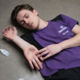 A detailed image of a 25-year-old male in a purple T-shirt and black pants, unconscious on the ground, with five fingers visible on each hand and an ampoule clutched in one hand.