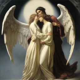 Create an image depicting the concept of 'Devil Whispering and Angel Guiding'