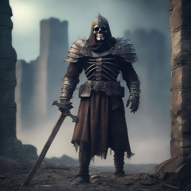 A skeletal warrior from the Middle Ages, clad in rusted and worn armor, wielding a medieval weapon like a sword or axe