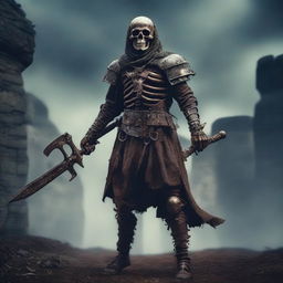 A skeletal warrior from the Middle Ages, clad in rusted and worn armor, wielding a medieval weapon like a sword or axe