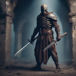 A skeletal warrior from the Middle Ages, clad in rusted and worn armor, wielding a medieval weapon like a sword or axe