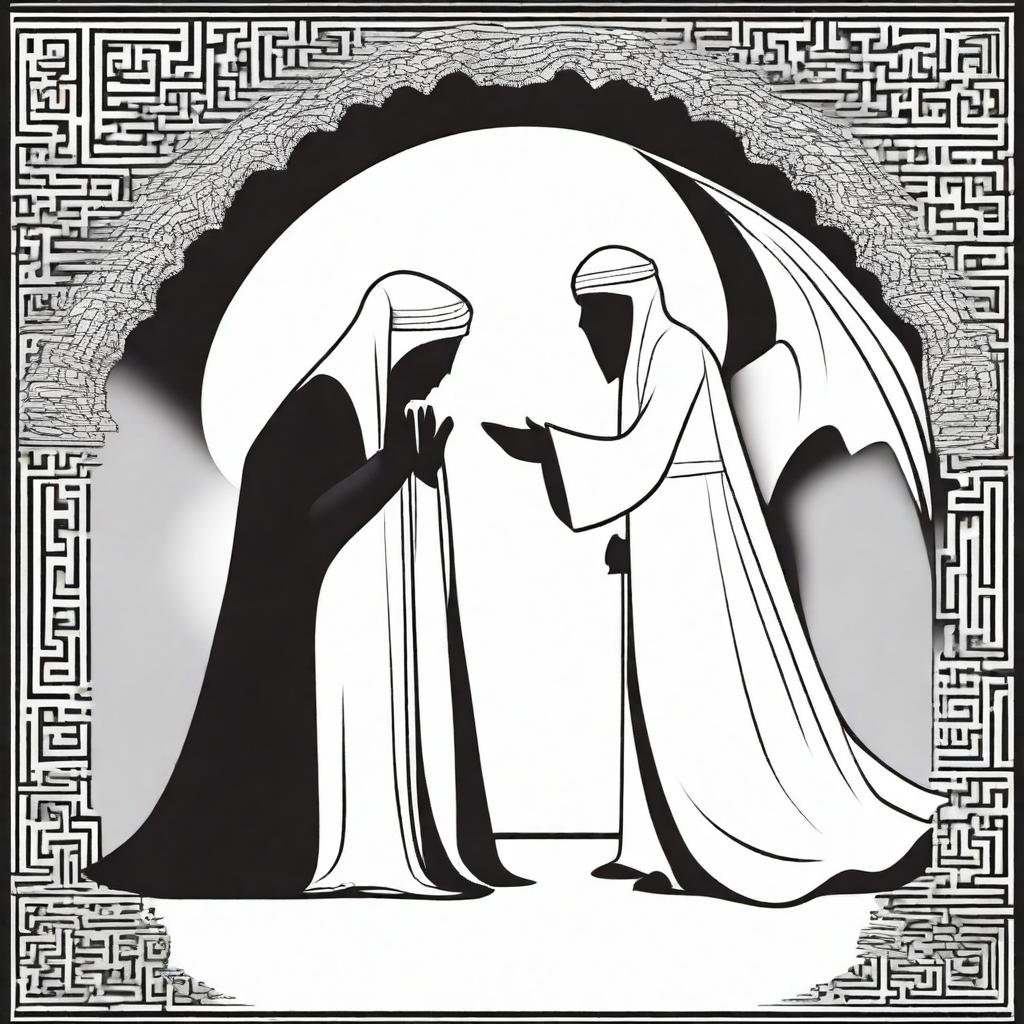 Create an image depicting the concept of 'Devil Whispering and Angel Guiding' with a Muslim theme