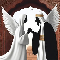 Create an image depicting the concept of 'Devil Whispering and Angel Guiding' with a Muslim theme