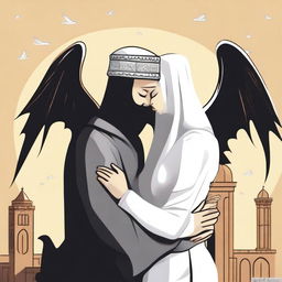 Create an image depicting the concept of 'Devil Whispering and Angel Guiding' with a Muslim theme