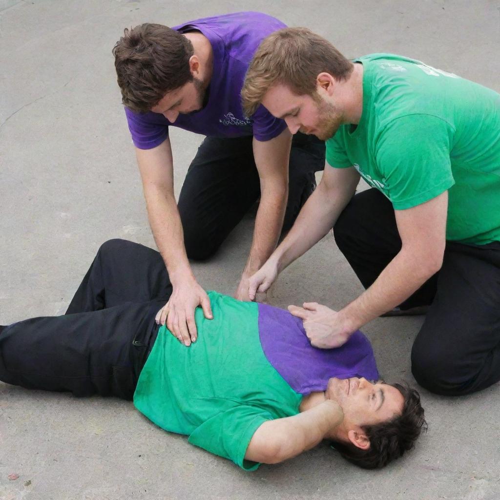 An unconscious 25-year-old male in a purple T-shirt and black pants on the ground with an ampoule in his hand, being assisted by a 30-year-old male in a green shirt and black pants.