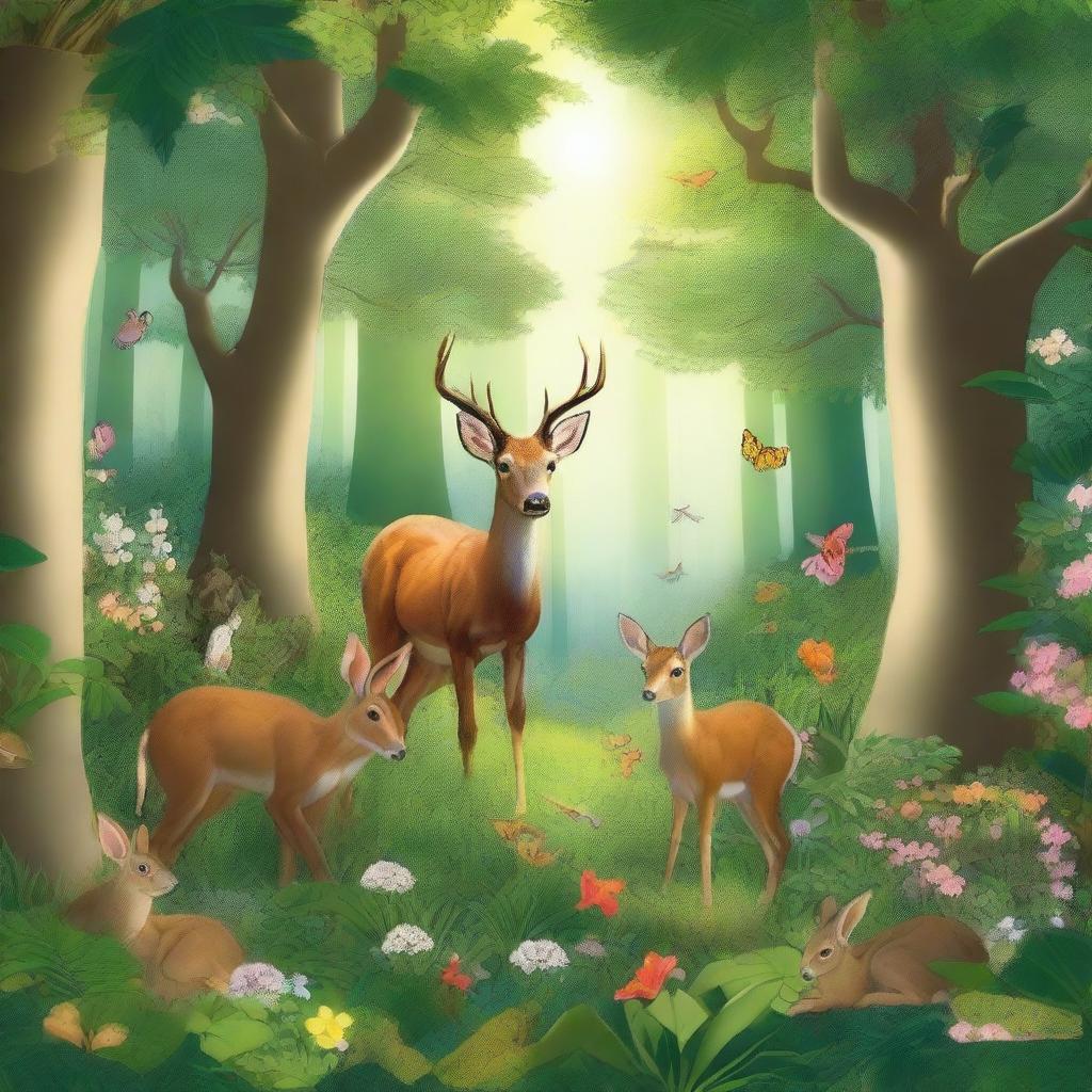 A vibrant forest scene teeming with wildlife