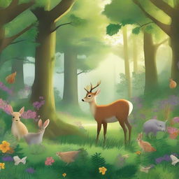 A vibrant forest scene teeming with wildlife