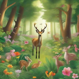 A vibrant forest scene teeming with wildlife