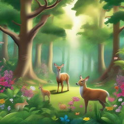 A vibrant forest scene teeming with wildlife