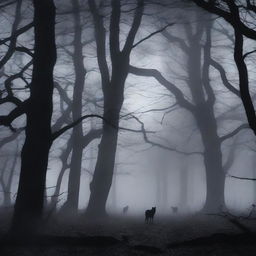 A dark and eerie forest scene filled with grim wildlife