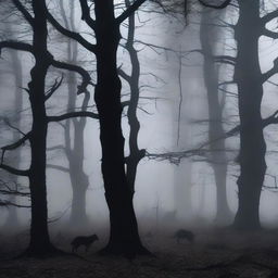 A dark and eerie forest scene filled with grim wildlife