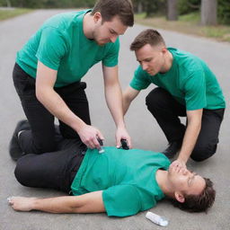 An unconscious 25-year-old male in a purple T-shirt and black pants on the ground with an ampoule in his hand, being assisted by a 30-year-old male in a green shirt and black pants.