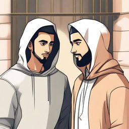 A young Muslim man wearing a hoodie stands next to his friend who is dressed in traditional Muslim attire