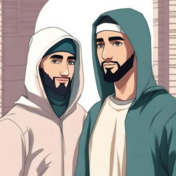 A young Muslim man wearing a hoodie stands next to his friend who is dressed in traditional Muslim attire