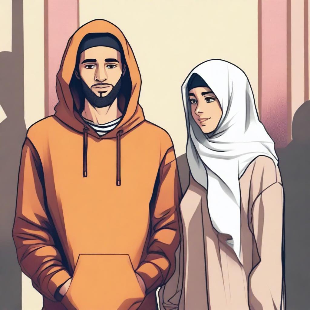 A young man wearing a hoodie stands with his friend, who is dressed in traditional male Muslim attire, in a prison that is actually a paradise