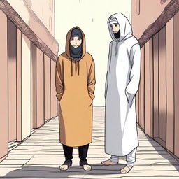 A young man wearing a hoodie stands with his friend, who is dressed in traditional male Muslim attire, in a prison that is actually a paradise