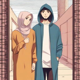 A young man wearing a hoodie stands with his friend, who is dressed in traditional male Muslim attire, in a prison that is actually a paradise