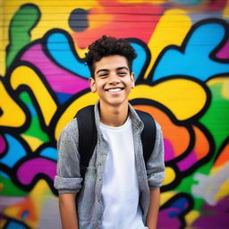 A cheerful Latino teenager with a bright smile, wearing casual clothes and standing in a vibrant, urban setting with colorful graffiti on the walls