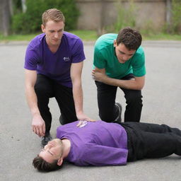 An unconscious 25-year-old male in a purple T-shirt and black pants on the ground with an ampoule in his hand, being assisted by a 30-year-old male in a green shirt and black pants.