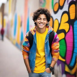 A cheerful Latino teenager with a bright smile, wearing casual clothes and standing in a vibrant, urban setting with colorful graffiti on the walls