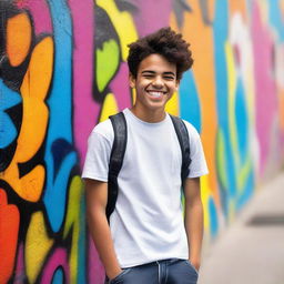 A cheerful Latino teenager with a bright smile, wearing casual clothes and standing in a vibrant, urban setting with colorful graffiti on the walls